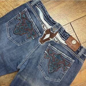 Antik Denim embroidered cow patch western bootcut jeans size 32x32 Y2K rodeo